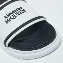 Pre Owned Alexander McQueen White/Black Rubber Logo Embossed Slide Sandals Size 39.5