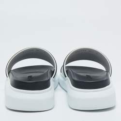 Pre Owned Alexander McQueen White/Black Rubber Logo Embossed Slide Sandals Size 39.5