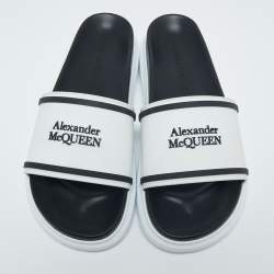Pre Owned Alexander McQueen White/Black Rubber Logo Embossed Slide Sandals Size 39.5