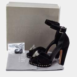 Alexander McQueen Black Suede Crystal Embellished Skull Ankle Strap Sandals Size 38