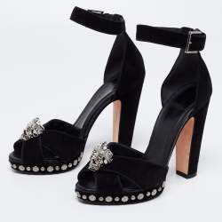 Alexander McQueen Black Suede Crystal Embellished Skull Ankle Strap Sandals Size 38