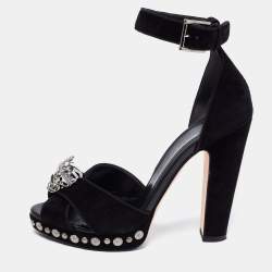 Alexander McQueen Black Suede Crystal Embellished Skull Ankle Strap Sandals Size 38