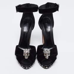 Alexander McQueen Black Suede Crystal Embellished Skull Ankle Strap Sandals Size 38