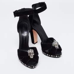 Alexander McQueen Black Suede Crystal Embellished Skull Ankle Strap Sandals Size 38