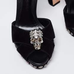 Alexander McQueen Black Suede Crystal Embellished Skull Ankle Strap Sandals Size 38