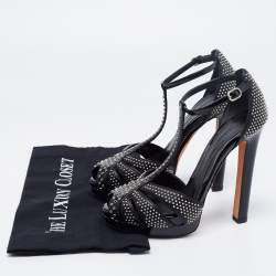 Alexander McQueen Black Studded Leather Peep-Toe T-Bar Platform Sandals Size 36