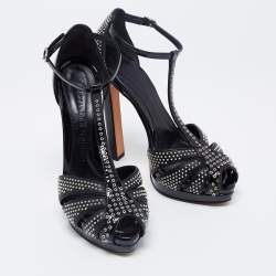 Alexander McQueen Black Studded Leather Peep-Toe T-Bar Platform Sandals Size 36