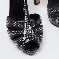 Alexander McQueen Black Studded Leather Peep-Toe T-Bar Platform Sandals Size 36