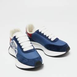 Pre Owned Alexander McQueen Navy Blue/Red Fabric, Leather and Suede Sprint Runner Low-Top Sneakers Size 37