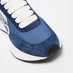 Pre Owned Alexander McQueen Navy Blue/Red Fabric, Leather and Suede Sprint Runner Low-Top Sneakers Size 37