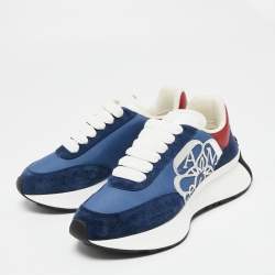 Pre Owned Alexander McQueen Navy Blue/Red Fabric, Leather and Suede Sprint Runner Low-Top Sneakers Size 37