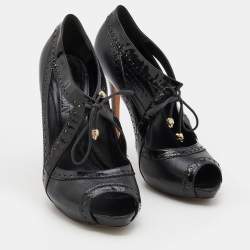 Pre Owned Alexander McQueen Black Leather Brogue Trim Cut Out Platform Peep Toe Pumps Size 41