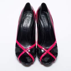 Pre Owned Alexander McQueen Black/Pink Patent Leather Open Toe Platform Pumps Size 37