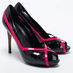 Pre Owned Alexander McQueen Black/Pink Patent Leather Open Toe Platform Pumps Size 37