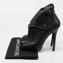 Pre Owned Alexander McQueen Black Leather Faithful Skull Peep Toe Booties Size 36