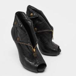 Pre Owned Alexander McQueen Black Leather Faithful Skull Peep Toe Booties Size 36