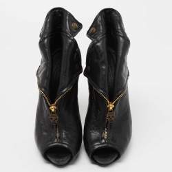 Pre Owned Alexander McQueen Black Leather Faithful Skull Peep Toe Booties Size 36