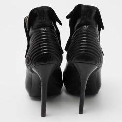 Pre Owned Alexander McQueen Black Leather Faithful Skull Peep Toe Booties Size 36