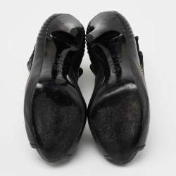 Pre Owned Alexander McQueen Black Leather Faithful Skull Peep Toe Booties Size 36