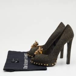 Pre Owned Alexander McQueen Black/Gold Textured Leather Skull Peep Toe Platform Pumps Size 39