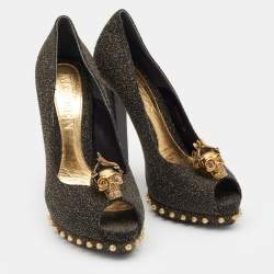 Pre Owned Alexander McQueen Black/Gold Textured Leather Skull Peep Toe Platform Pumps Size 39