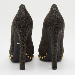 Pre Owned Alexander McQueen Black/Gold Textured Leather Skull Peep Toe Platform Pumps Size 39