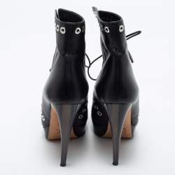 Alexander McQueen Black Leather Eyelet Detail Platform Ankle Booties Size 36