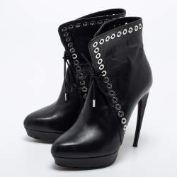Alexander McQueen Black Leather Eyelet Detail Platform Ankle Booties Size 36