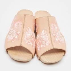 Alexander McQueen Peach Leather Embroidered Wooden Clogs Size 37.5