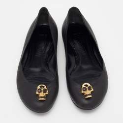 Pre Owned Alexander McQueen Black Leather Skull City Ballet Flats Size 36.5