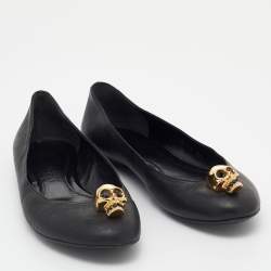 Pre Owned Alexander McQueen Black Leather Skull City Ballet Flats Size 36.5