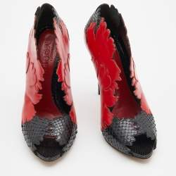 Alexander McQueen Red/Black Python and Leather Kimono Flower Booties Size 38.5
