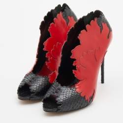 Alexander McQueen Red/Black Python and Leather Kimono Flower Booties Size 38.5