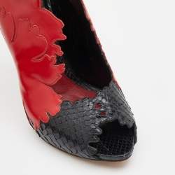 Alexander McQueen Red/Black Python and Leather Kimono Flower Booties Size 38.5