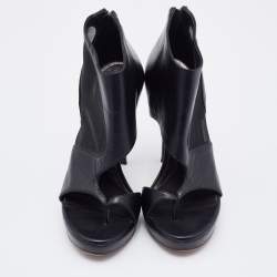 Pre Owned Alexander McQueen Black Leather and Mesh Toe Ring Booties Size 37