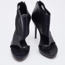 Pre Owned Alexander McQueen Black Leather and Mesh Toe Ring Booties Size 37