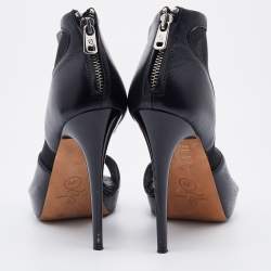 Pre Owned Alexander McQueen Black Leather and Mesh Toe Ring Booties Size 37