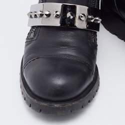 Pre Owned Alexander McQueen Black Leather Metal Bar Studded Biker Ankle Boots Size 38.5