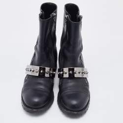Pre Owned Alexander McQueen Black Leather Metal Bar Studded Biker Ankle Boots Size 38.5