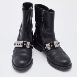 Pre Owned Alexander McQueen Black Leather Metal Bar Studded Biker Ankle Boots Size 38.5