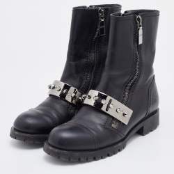 Pre Owned Alexander McQueen Black Leather Metal Bar Studded Biker Ankle Boots Size 38.5