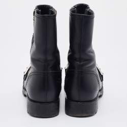Pre Owned Alexander McQueen Black Leather Metal Bar Studded Biker Ankle Boots Size 38.5