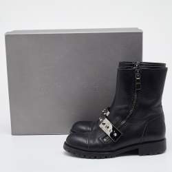 Pre Owned Alexander McQueen Black Leather Metal Bar Studded Biker Ankle Boots Size 38.5