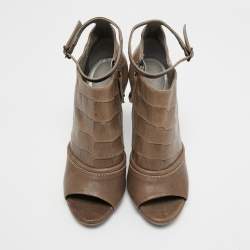 Alexander McQueen Brown Croc Embossed Leather Open Toe Ankle Boots Size 40 