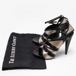 Alexander McQueen Black/Silver Leather and Patent Ankle Strap Sandals Size 35.5