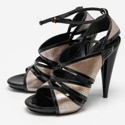 Alexander McQueen Black/Silver Leather and Patent Ankle Strap Sandals Size 35.5