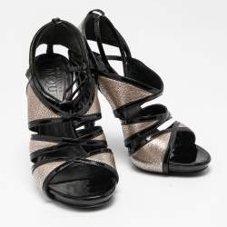 Alexander McQueen Black/Silver Leather and Patent Ankle Strap Sandals Size 35.5