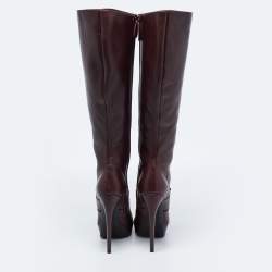 Pre Owned Alexander McQueen Burgundy Leather Knee Length Boots Size 41