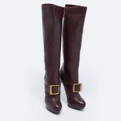 Pre Owned Alexander McQueen Burgundy Leather Knee Length Boots Size 41