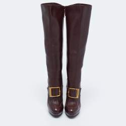 Pre Owned Alexander McQueen Burgundy Leather Knee Length Boots Size 41